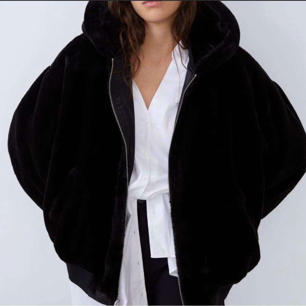 Zara faux fur black bomber with hood